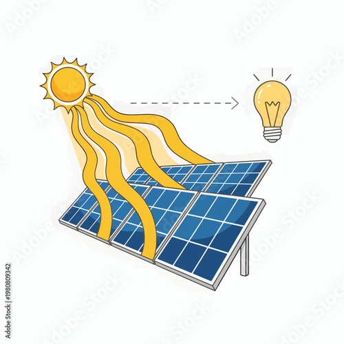 Solar Panel Converting Sunlight Energy into Electricity Powering Bright Light Bulb Illustration