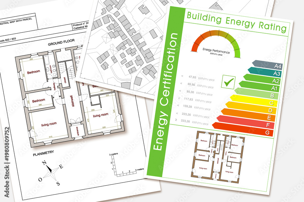 Φωτογραφία BUILDINGS ENERGY EFFICIENCY AND RATING concept with energy certification classes according to the new European law called Energy Performance of Buildings Directive-EPBD