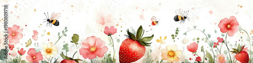 Watercolor strawberry spring flower honey bee wildflower floral border garden fruit nature pink blossom green leaf dreamy watercolor strawberry and spring flower garden border with honey bee