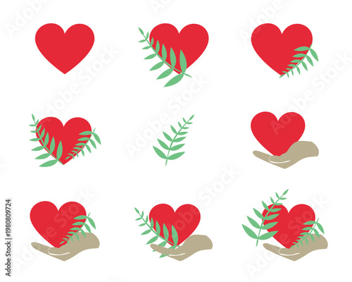 Vector flat icon set of red hearts and hands, classic heart, a green olive branch symbol of peace and a supporting hand for design