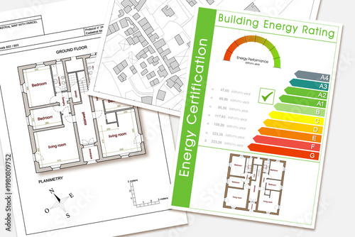BUILDINGS ENERGY EFFICIENCY AND RATING concept with energy certification classes according to the new European law called Energy Performance of Buildings Directive-EPBD.