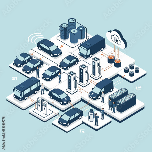 Isometric illustration of an electric vehicle charging station network with various cars and buses.