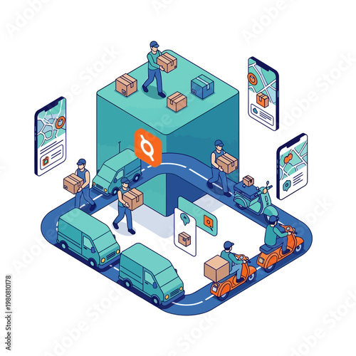Isometric Logistics and Delivery Network with Vehicles and People.