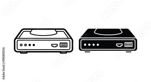 Two black media players displayed in a flat minimalist silhouette
