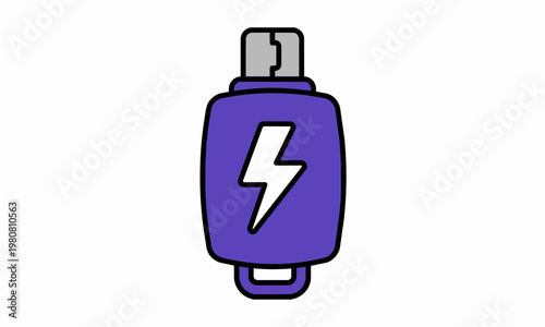 Flat Vector Illustration of a Purple USB Flash Drive with a White Lightning Bolt Symbolizing High-Speed Charging and Rapid Data Transfer