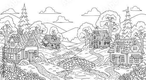 Fancy rural village coloring page with cottages bridge river and countryside scenery line art
