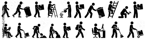 Collection of stylized black figures performing various activities including carrying boxes pushing trash bins gardening using tools and working at a computer Characters 175
