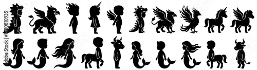 Collection of stylized black silhouettes of mythical creatures and characters including a dragon griffin phoenix unicorn pegasus mermaid centaur and minotaur fantasy design