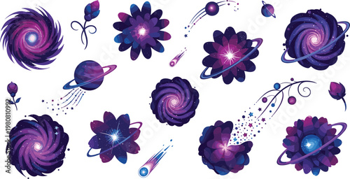 Cosmic Floral Vector Set Featuring Galaxies, Planets, and Starry Flowers in Vibrant Purple and Blue Colors for Digital Media, Websites, and Apps