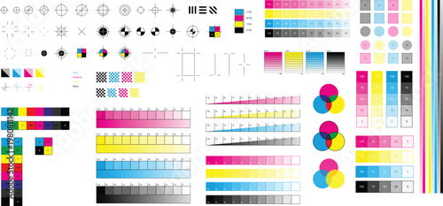 Collection of printing test charts and color calibration elements on a transparent background.