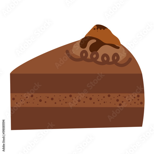 Slice of chocolate cake with layered sponge and cream, topped with chocolate decoration. Dessert isolated on light background, representing bakery product, sweet food, and celebration treat.
