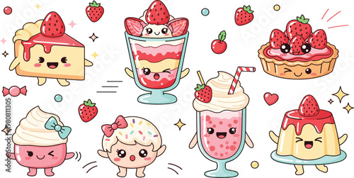 Cute Strawberry Dessert Vector Set Featuring Kawaii Cakes, Parfaits, Puddings, and Sweet Treats with Adorable Characters for Digital Media, Websites, and Apps