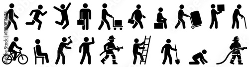 A collection of diverse pictogram icons depicting various human activities and professions including cycling walking working and emergency services person silhouette activity
