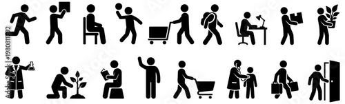 Collection of stick figure icons depicting various human activities and professions including running carrying sitting playing working and medical care activity silhouette