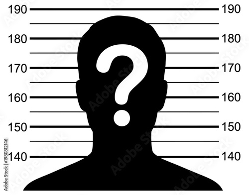 Silhouette of a person with a question mark on a height chart symbolizing anonymity and uncertainty in identification anonymous mystery unknown guessing measurement police lineup