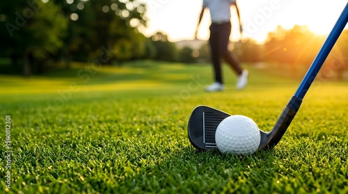 Close-up of a white golf ball and black iron club on lush green grass at sunset with a blurred golfer walking in the background on a luxury golf course during golden hour.