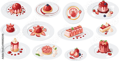 Strawberry Dessert Vector Set Featuring Cakes, Tarts, Mousses, and Sweet Treats with Fruit Garnishes for Digital Media, Websites, and Apps