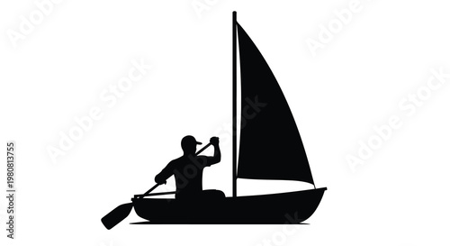 Silhouette of a sailor steering a small sailboat with a single sail