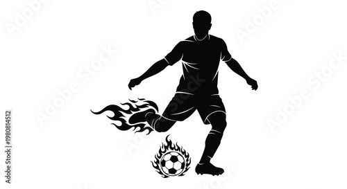 A dynamic silhouette of a soccer player kicking a flaming ball