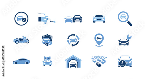 Automotive icons set for car services dealership repairs and transportation industry with vehicles like cars and electric cars on sale or rent.