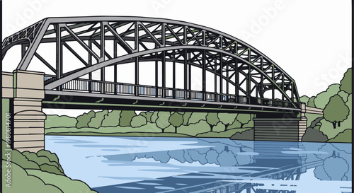 A steel truss bridge spans a calm river reflecting the structure under a white sky