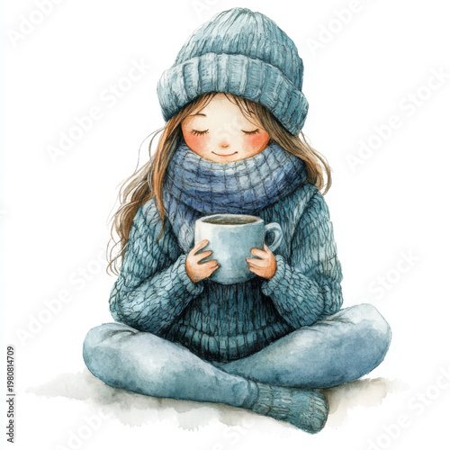 Cozy winter girl illustration knitted sweater warm hat scarf hot drink cute character sitting pose relaxed peaceful hygge mood watercolor art