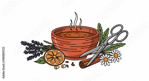 A still life arrangement with a steaming bowl, herbs, citrus, and spices