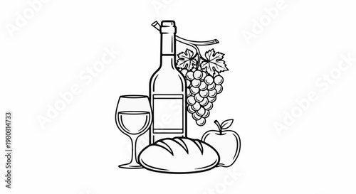 A still life drawing of a wine bottle, glass, grapes, apple, and bread