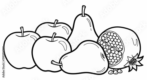 A still life drawing of apples, pears, and a pomegranate