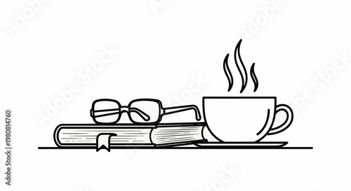 A still life illustration of a steaming coffee cup next to a book and spectacles