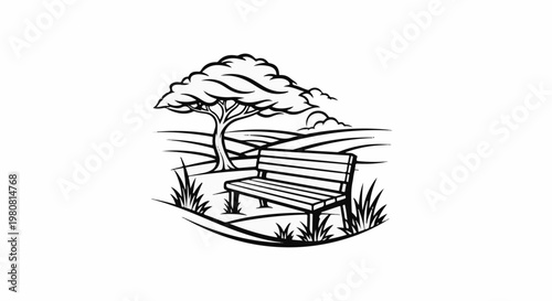 A solitary bench rests beneath a stylized tree, overlooking rolling hills