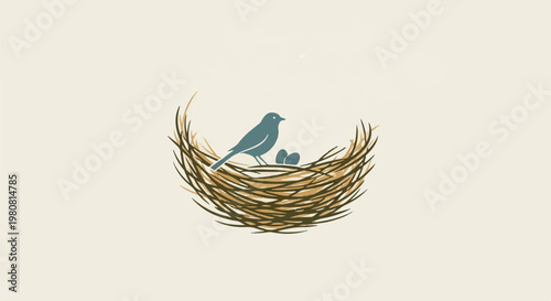 A solitary bird guards its nest and eggs on a neutral background