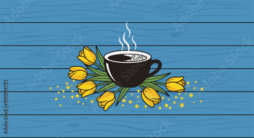 A steaming cup of coffee surrounded by yellow tulips on a blue wooden surface