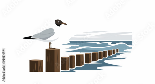 A solitary bird stands on wooden posts against a backdrop of waves and sky
