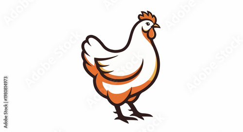 A simple white hen with orange accents stands on its legs