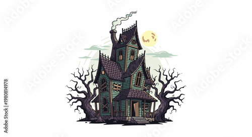 A spooky, pixelated haunted house stands under a full moon