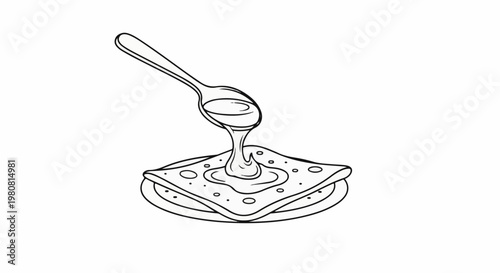 A spoon pours liquid onto layered pancakes topped with sauce and bubbles