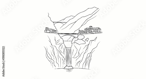 A sketch of a dramatic waterfall plunging between rugged cliffs with buildings and bridges