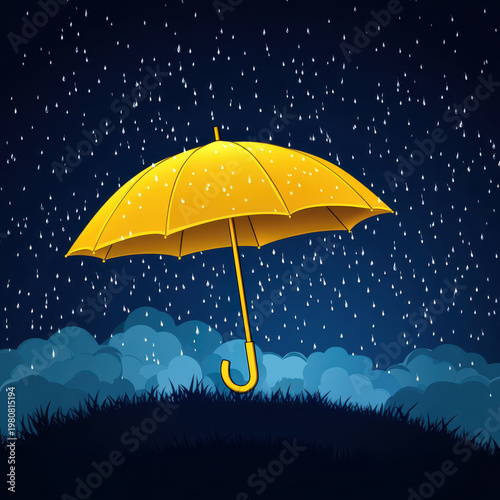 Yellow umbrella rainy night cartoon umbrella night sky rainfall dark background raindrop wet weather storm cloud glowing light floating yellow umbrella rainy night sky, cartoon umbrella heavy