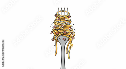 A silver fork with a generous portion of spaghetti and bacon bits
