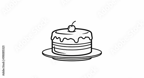 A simple black and white drawing of a layered cake topped with a cherry