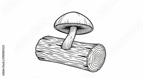 A simple black and white drawing of a mushroom growing on a log