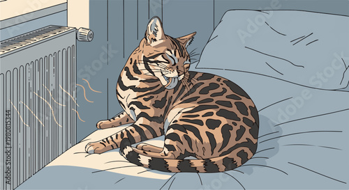 A spotted cat rests comfortably on a bed, warmed by a radiator