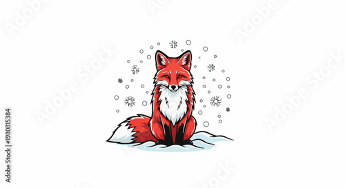 A red fox sits serenely in the snow amidst falling snowflakes