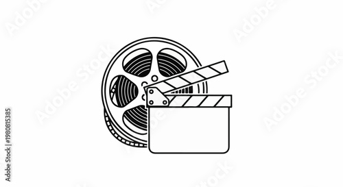 A simple black and white illustration of a film reel and clapperboard
