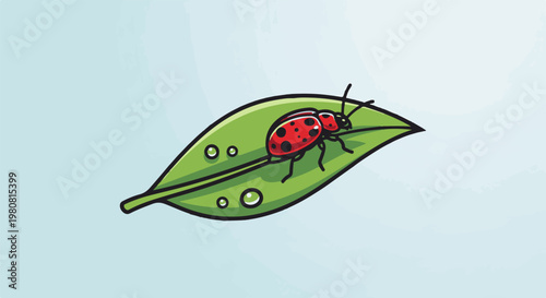 A red ladybug with black spots rests on a green leaf with dew drops