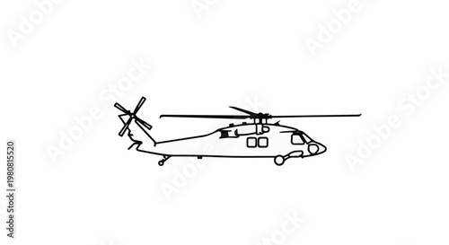 A simple black and white line drawing of a helicopter in profile