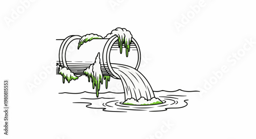 A pipe discharges waste into water, causing pollution