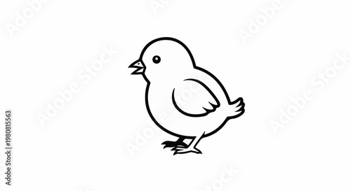 A simple black and white line drawing of a small, fluffy chick