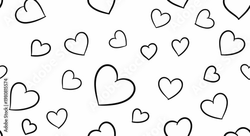 A repeating pattern of hand-drawn black heart outlines on a white background